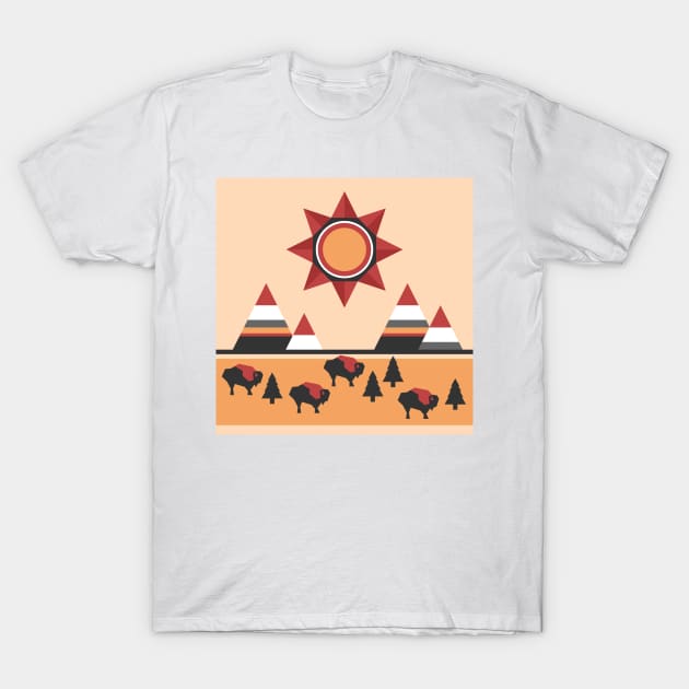 Sun, mountains and buffaloes - native Indian style landscape T-Shirt by SooperYela